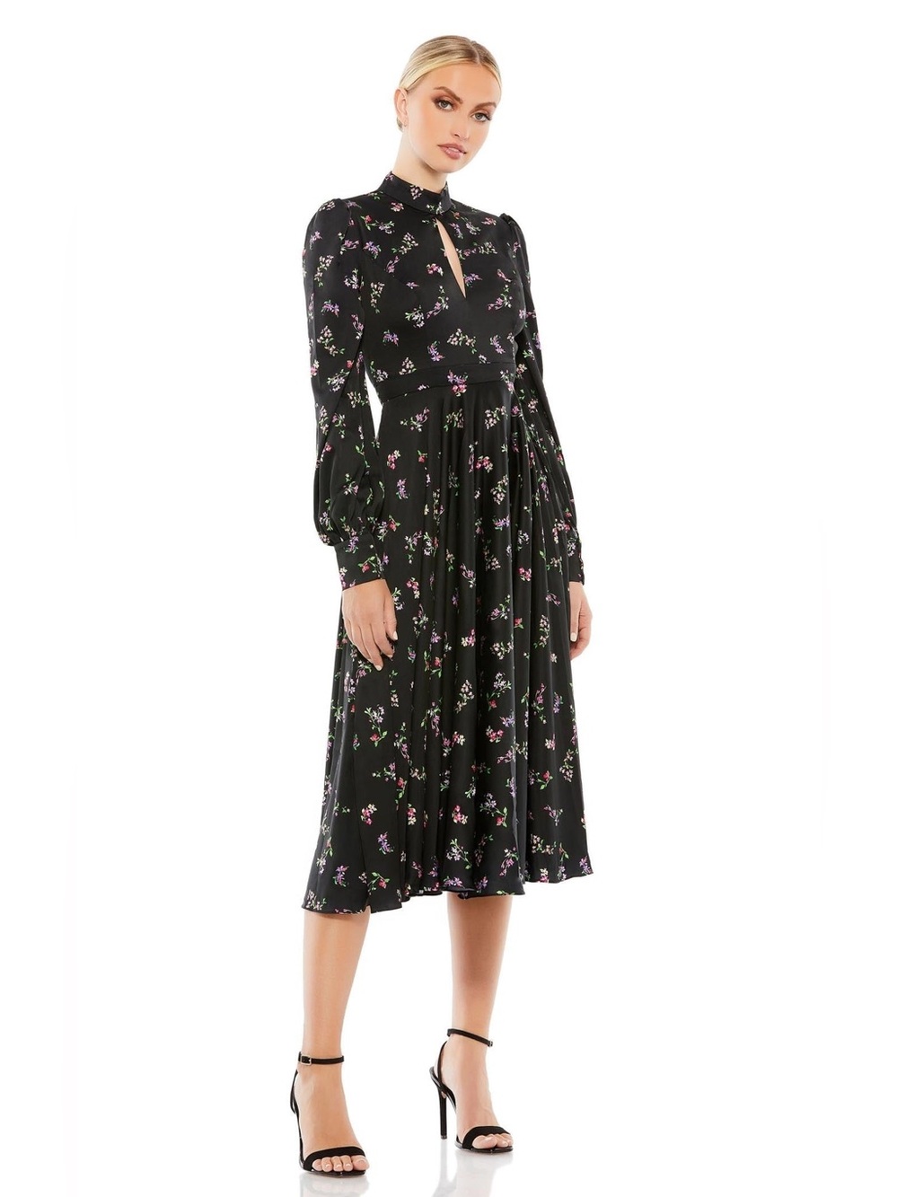 Mac Duggal NWT Bishop Sleeve Keyhole Neckline A-line Pleated Midi Dress Floral